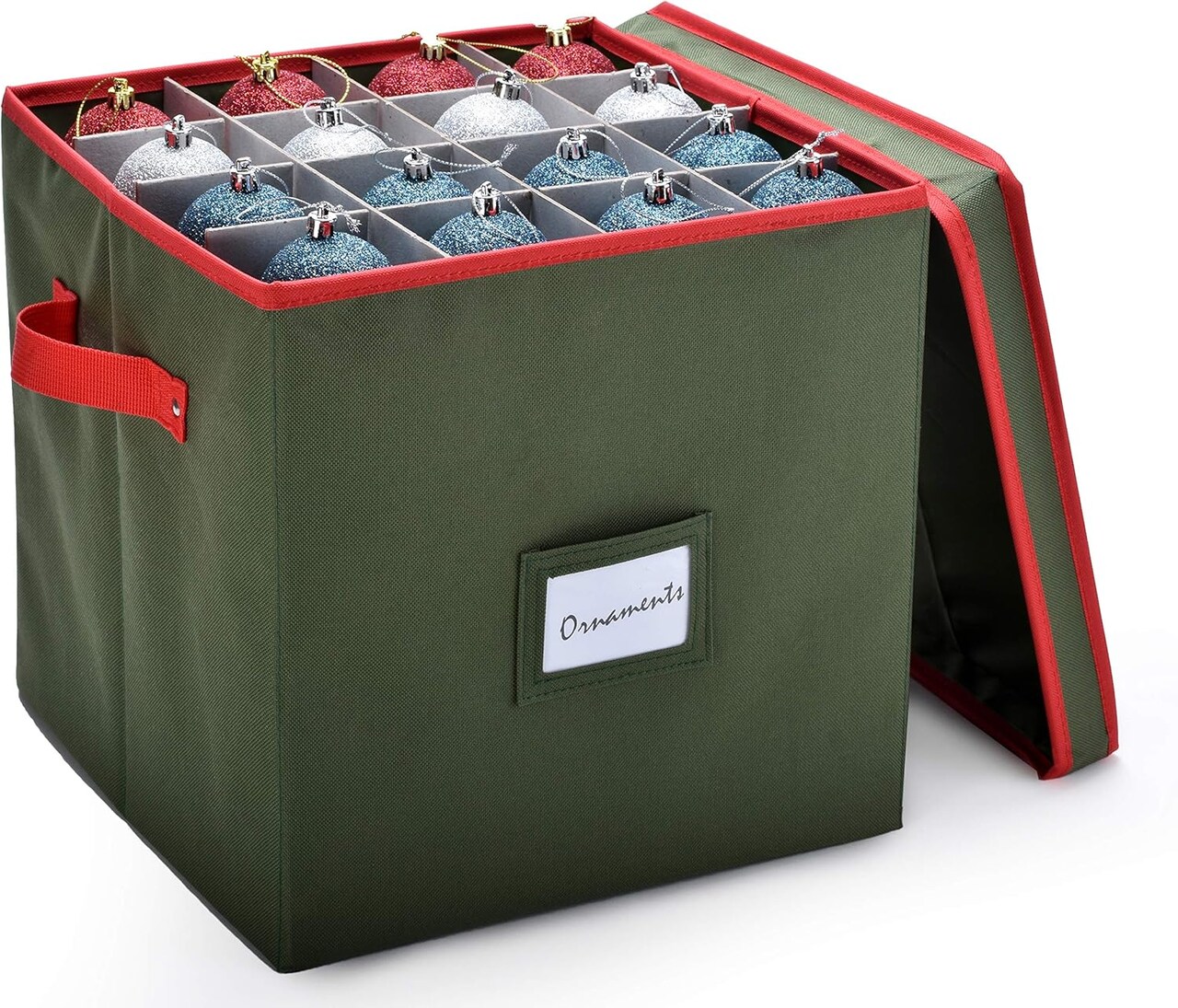 Christmas Ornament Storage - Stores upto 64 Holiday Ornaments, Adjustable Dividers, Two Handles. Storage Box Keeps Holiday Decorations Clean and Dry for Next Season. (Green)